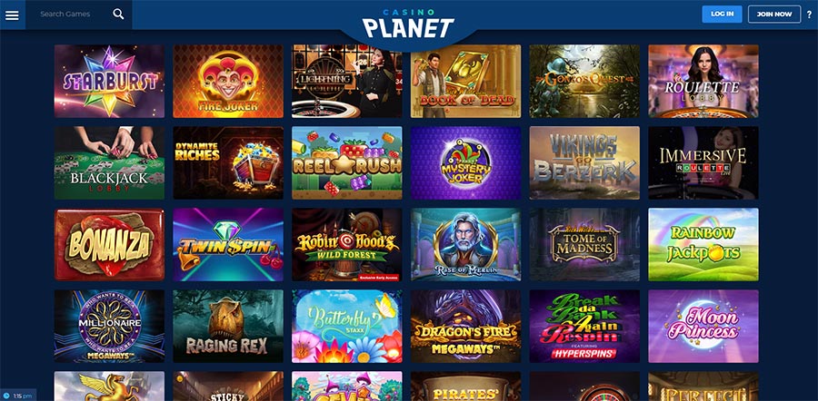 A gama de jogos no Casino Planet